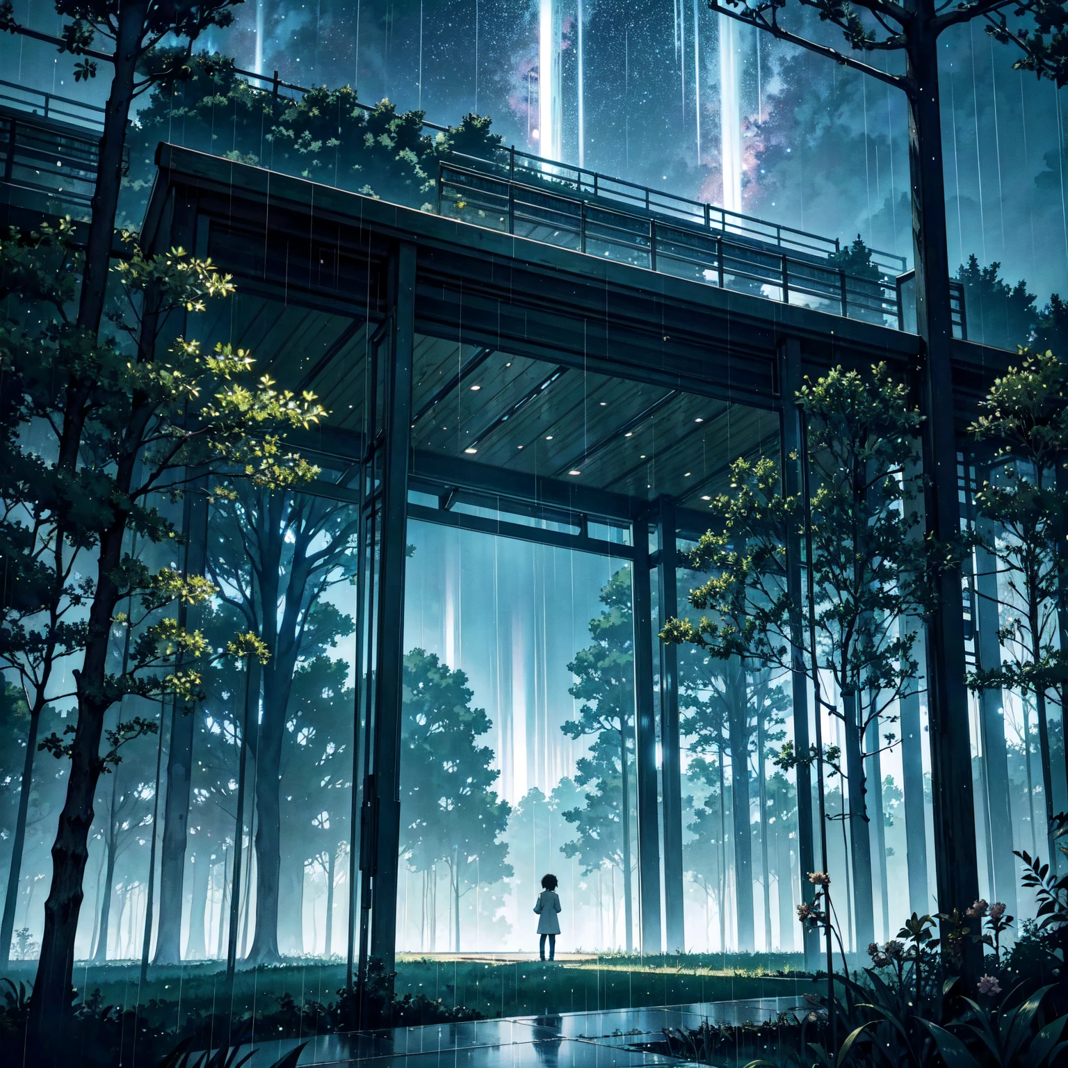 Nostalgic, Makoto Shinkai, a splendid library beyond the forest, beautiful composition. Night, heavy rain. The library can be seen beyond the forest, vivid. Sky full of stars. Rainy weather. Fantastic, forest in the foreground, library in the background. A bright picture.