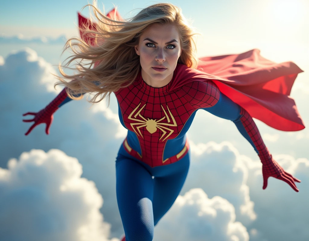 We need an image of Supergirl wearing Spiderman's outfit and flying in the sky highlited image