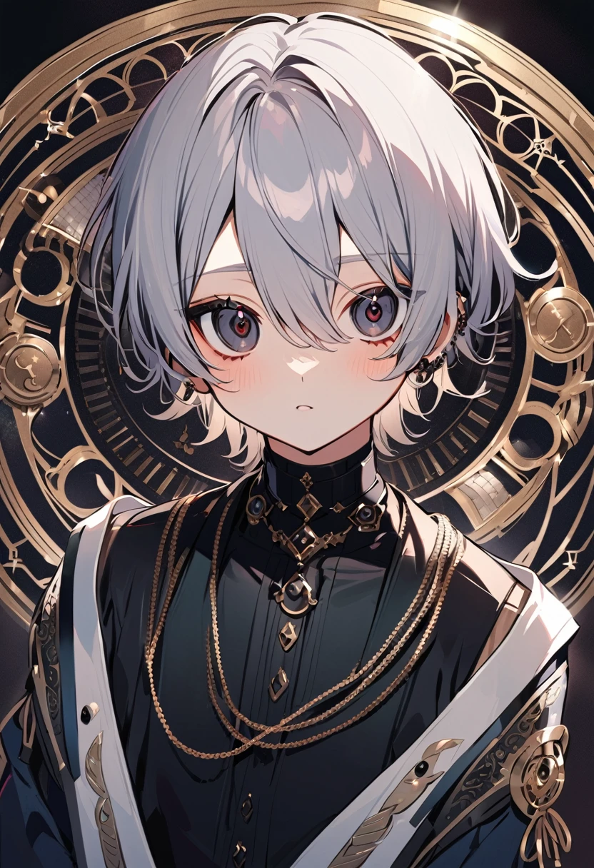 handsome and cute boy with grey hair and black eyes,(circle eyes:1.2)