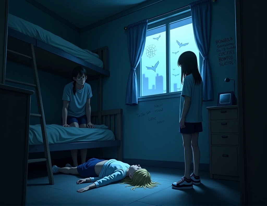 A dimly lit dorm room with an unsettling ambiance. The room has a cold, blue-toned light filtering through the window. A girl student with blonde hair lifeless body is found lying on the floor. Disturbing symbols and messages are scrawled on the walls, and a chilling atmosphere hangs in the air. Nara and her friends including Phet and Min look on in shock, their faces illuminated by the eerie light.
Nara and her friends, including Phet and Min