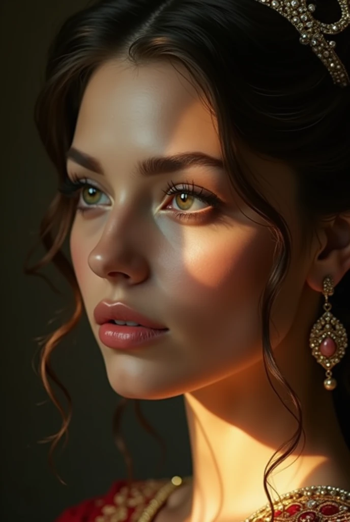 A chiaroscuro portrait of a woman, beautiful detailed eyes, beautiful detailed lips, extremely detailed eyes and face, long eyelashes, porcelain skin, elegant hairstyle, intricate jewelry, dramatic lighting, Renaissance style, dramatic shadows, warm golden tones, dramatic chiaroscuro lighting, ultra-detailed, 8k, photorealistic, masterpiece, cinematic, dramatic atmosphere, elegant and regal