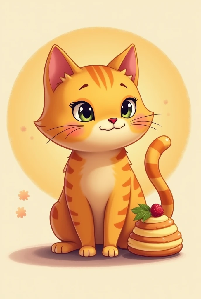 Create a logo in Brazilian Portuguese for a bakery that sells pudding, with a cat (orange) and a pudding. Prioritizing colors.