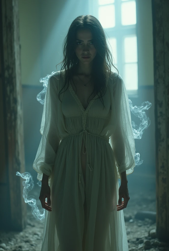 The man encounters a ghostly figure—a woman in tattered clothing, her eyes filled with deep sorrow. She moves slowly, her eyes brimming with tears as she mourns her lost home and people.