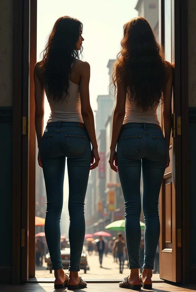 2 women with long hair and jeans, back view, both standing on the open door overlooking the street.