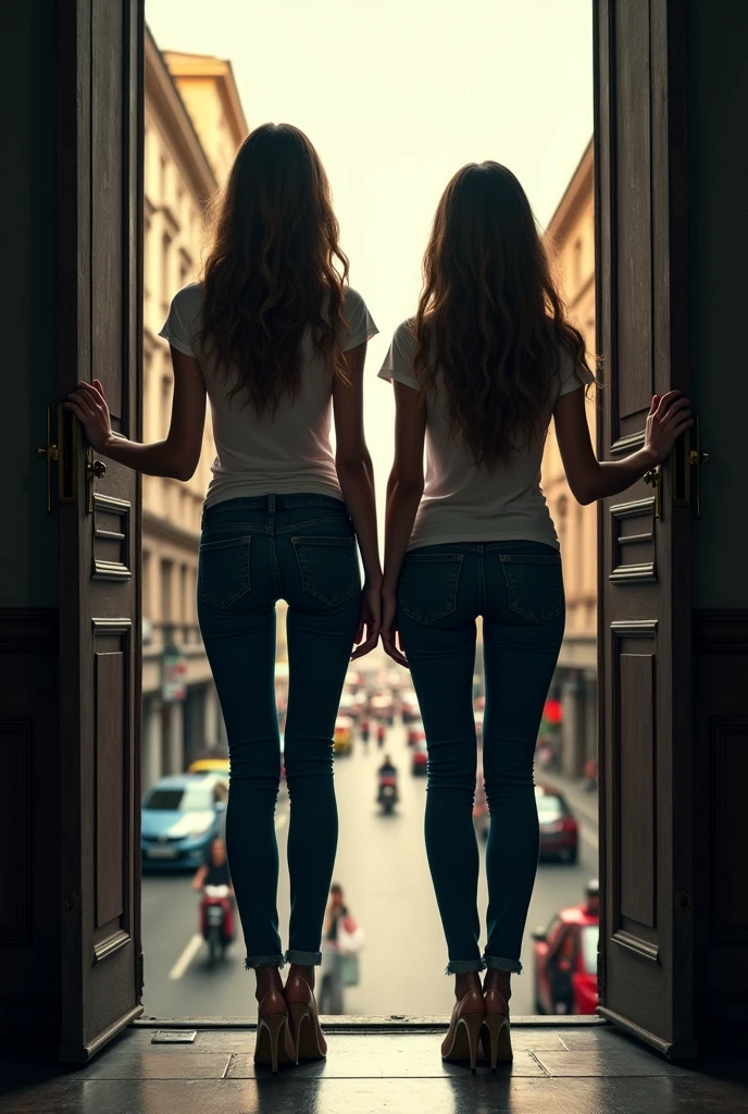 2 women with long hair and jeans, back view, both standing on the open door overlooking the street.
