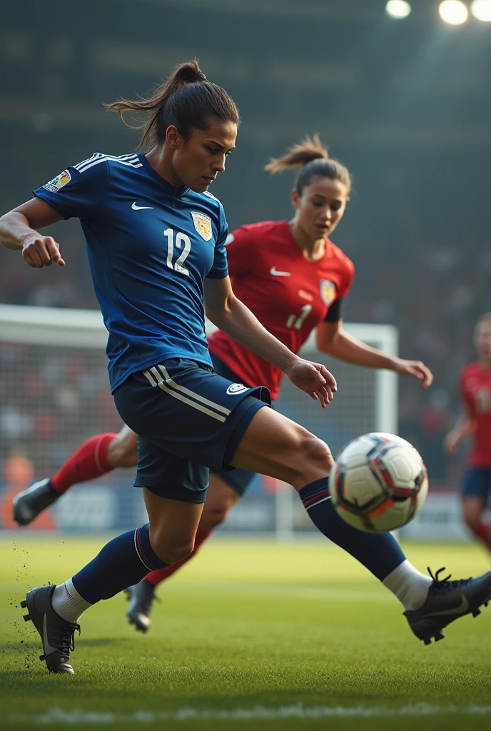 A serious guy doing a Chilean kick scoring a goal against a girl