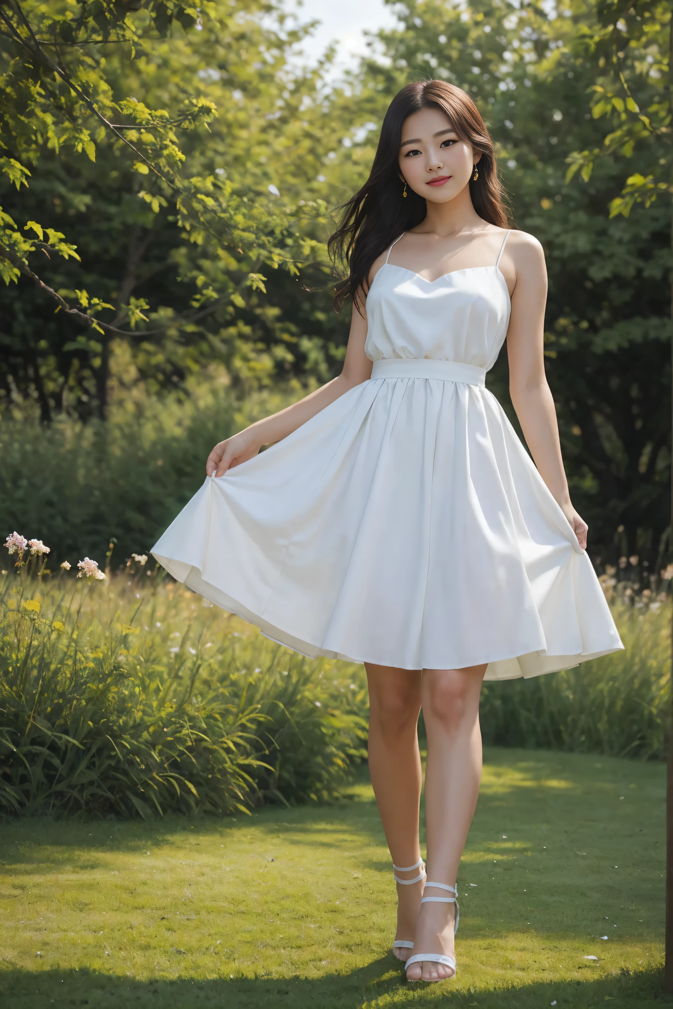 ,masterpiece, best quality,8k, ultra highres,Reallightandshadow,Cinema lenses,(beautidful eyes:1.1), ((The scene is,The upper part of the body)),dynamicposes,On a green meadow,A gentle goddess came with a gentle step。She wore a white dress,A gentle breeze blows,The skirt dances lightly。The sun shines through the leaves on her hair,Reflecting her clear eyes and gentle smile。Colorful butterflies flew around her,Flowers bloomed at her feet,It was as if nature was cheering for her。