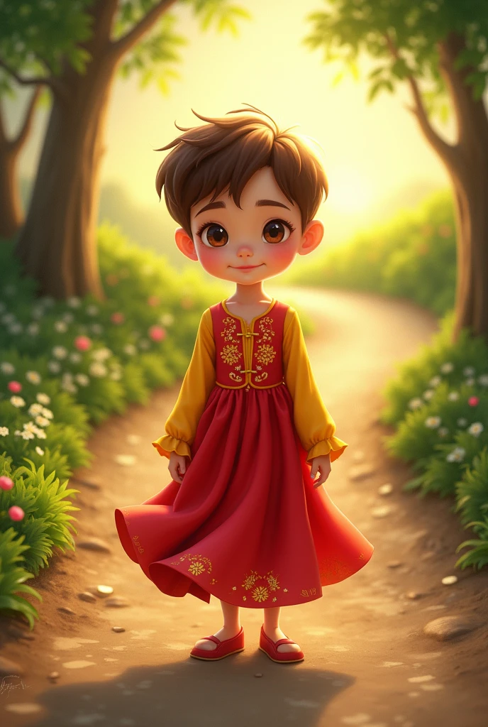 Handsome boy in red and yellow dress on road  