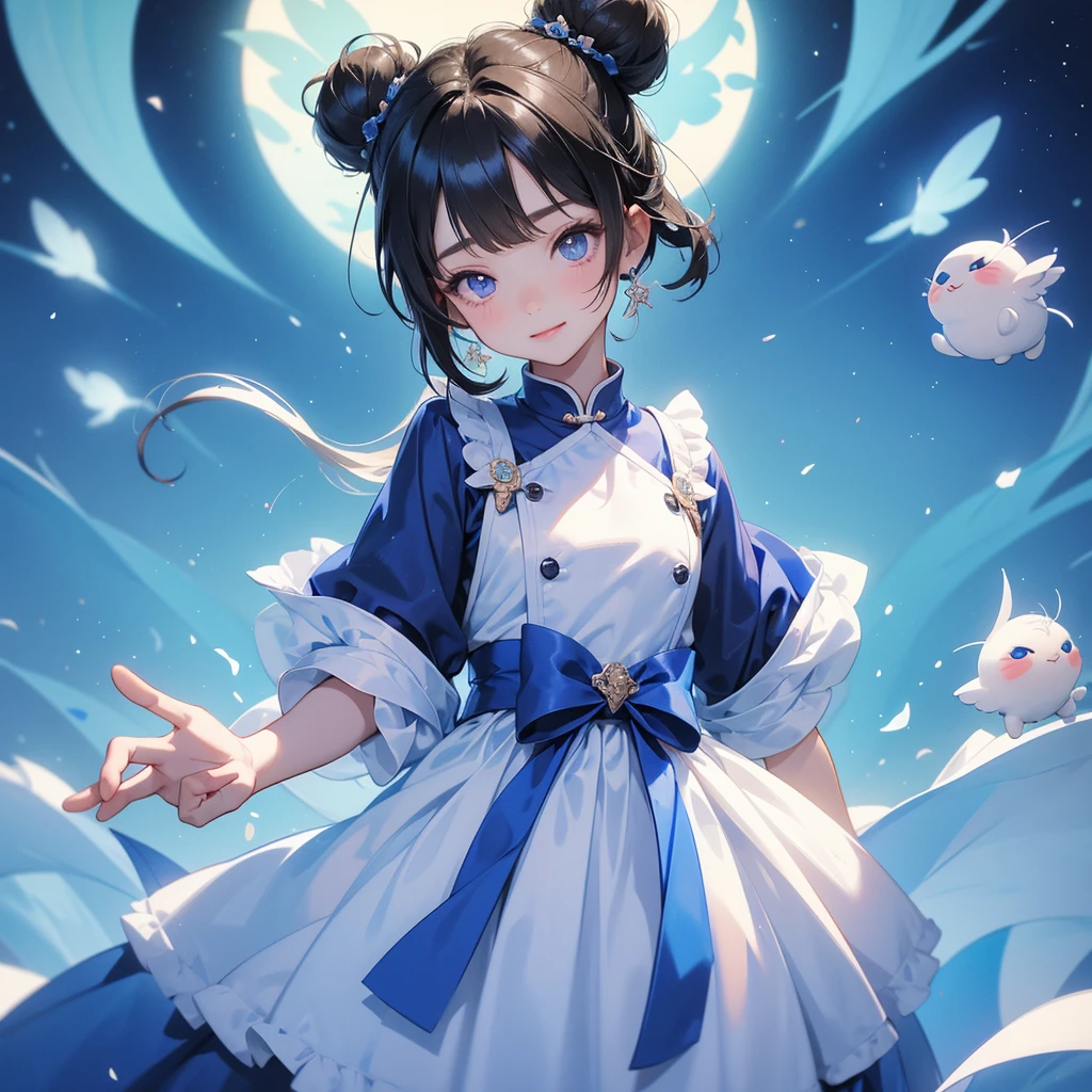 A chibi child girl had a small face and Wearing white little Taoist priest's outfit. A pair of big round eyes shone with curiosity about him. This child was so cute! ,her hair is black with two buns on her hair.small chibi, chibi baby, smiling,The little chibi baby looked up with his chest raised, and his face was old and proud.

Strolling among the nemophila fields Glowing blue.



