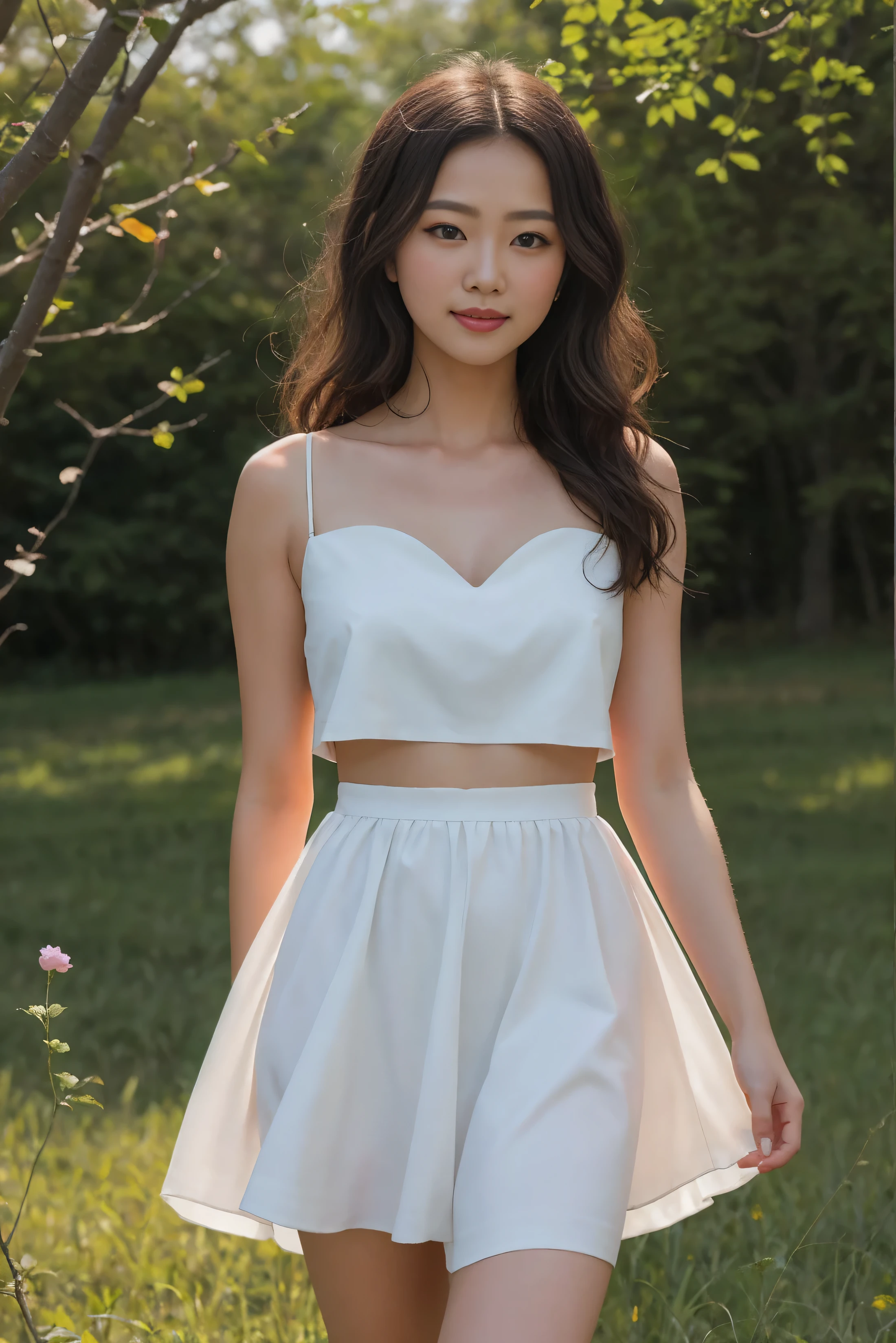 ,masterpiece, best quality,8k, ultra highres,Reallightandshadow,Cinema lenses,(beautidful eyes:1.1), ((The scene is,The upper part of the body)),dynamicposes,On a green meadow,A gentle goddess came with a gentle step。She wore a white dress,A gentle breeze blows,The skirt dances lightly。The sun shines through the leaves on her hair,Reflecting her clear eyes and gentle smile。Colorful butterflies flew around her,Flowers bloomed at her feet,It was as if nature was cheering for her。