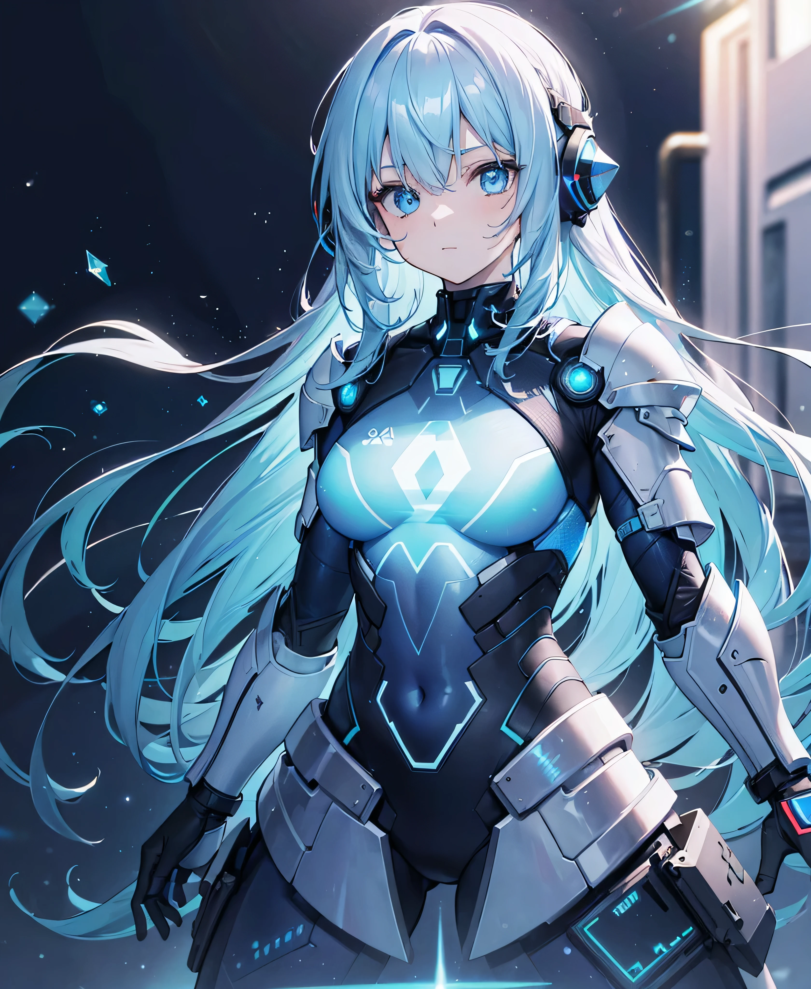 ((Holographic glow effect)),8k, Highest quality, (real:1.4), Original photo, 1 person, Asari Hair, Biological Amplifier, refined armor, posture: Peace talks between warring factions, smart blue eyes,whole body