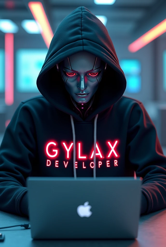 GIVE A FUTURISTIC BACKGROUND ON WHICH A Humanoid robot sitting DOING CODING ON A
Open LAPTOP , wearing a BLACK HOODIE WHICH HAVE A TEXT APPEAR IN NEON Red COLOR TEXT IS
"G Y L A X " " DEVELOPER " IN CLEAR WORDS VISIBLE TO US
IT SHOULD BE IN capital letter,,
IT SHOULD BE GYLAX NOT GALAXY
Humanoid robot face half covered with hoodie
Humanoid robot background should be attractive
Humanoid robot
Best looking image but I want it one watch and be a fan of it
Give a face to it half covered with hoodie
Hoodie come over to eyes
Laptop not visible make it visible
Humanoid face have a attractive look or something like this image looks very amazing fantastic