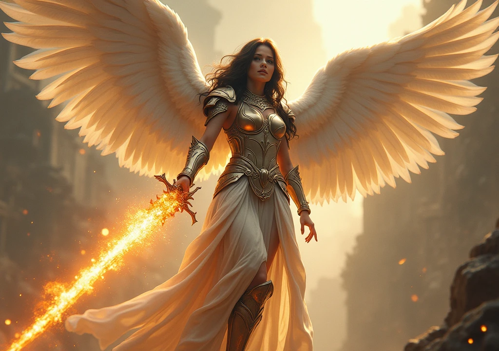 work of art, best qualityer, realisitic, ultra detaild, Movie poster style, heavenly, a guardian angel , stylish dark hair, majestic white angel wings, divine power, homoerotic heavy armor, flying in the air, dramatic cut with flaming sword close to camera, godrays, extremely dramatic lighting, perfect toes, perfect hands, perfection