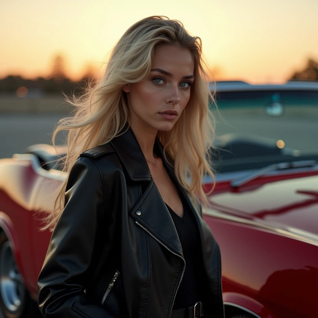 A striking photoshoot featuring a blonde girl with captivating blue eyes, standing next to a vintage red convertible in an empty urban car parking lot at sunset, her sleek leather jacket and flowing hair complementing the metallic sheen of the car, Photography, Nikon Z6 with a 50mm lens, f/2.2