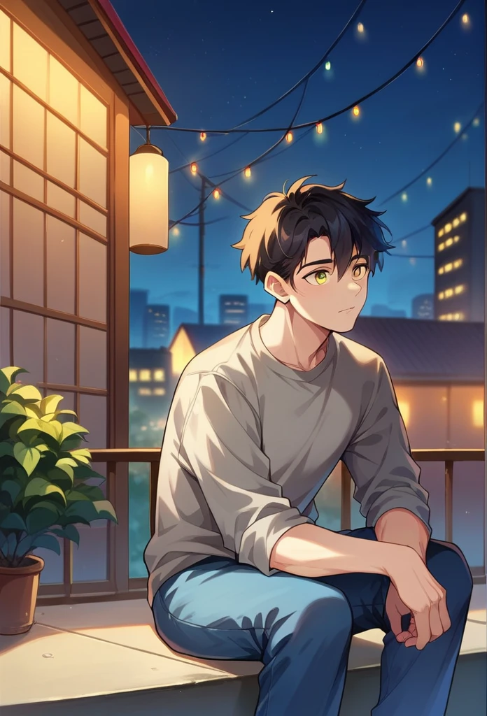 1boy, black hair, yellow eyes, gray jumper, blue pants, sitting on the roof, night city lights against the background 