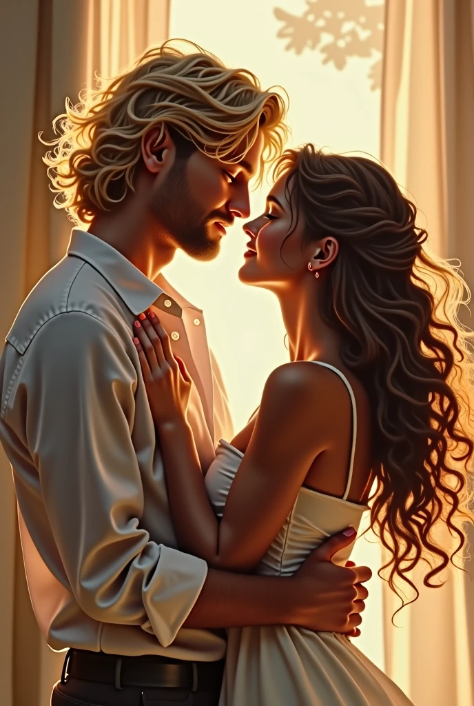 A man with blond hair and a woman with curly hair hugging each other looking into each other's eyes