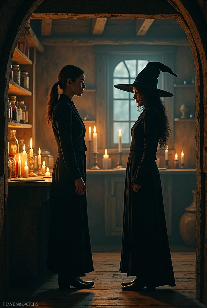 Female investigator talking to female witch inside the cottage 
