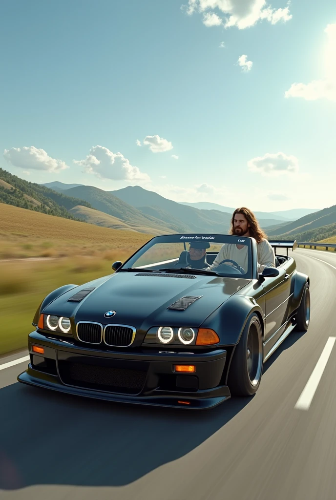 the jesus passenger in a black BMW E46 next to a racing driver