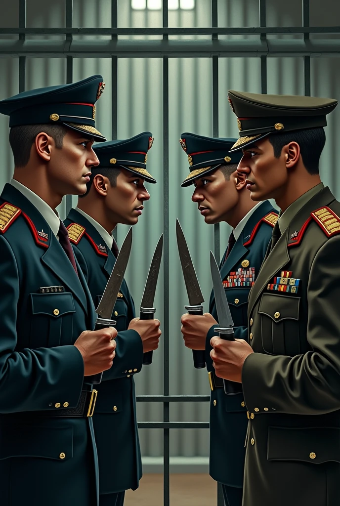 Create a cage with 4 men from different countries of military profession all with cake knives staring at each other