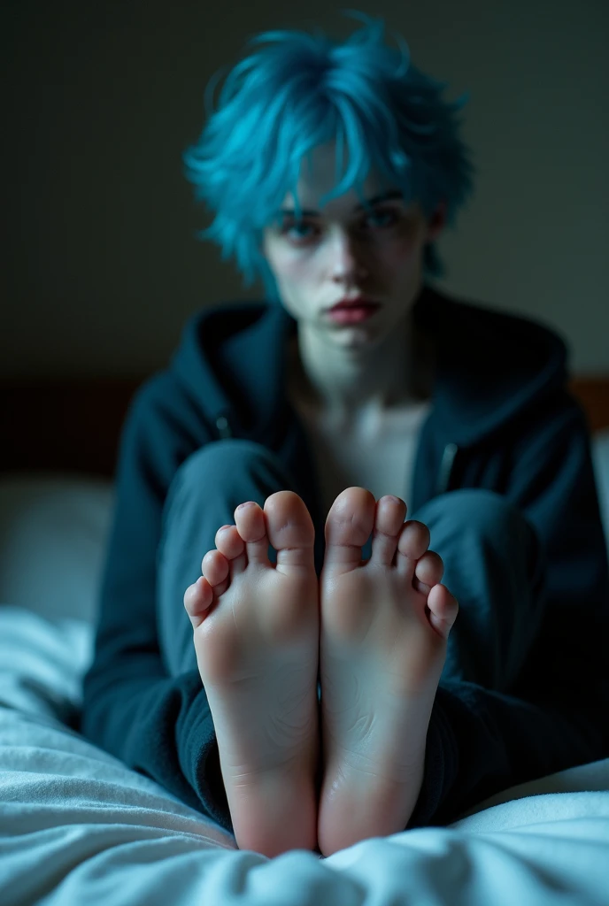 emo boy, skin very white, blue hair, shows the soles of his feet, aesthetic feet, correct toes, flirtatious look, heated, sitting on bed