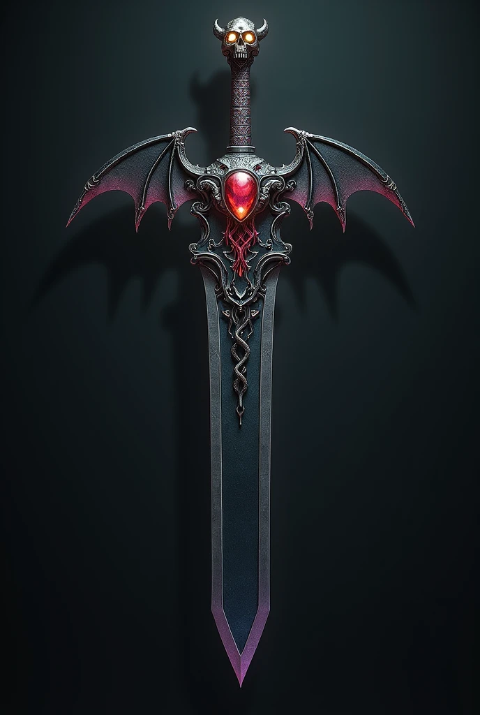 Create an ancient sword named "Ceifadora de Almas," designed for the son of Hades. The blade is black with a deep purple hue, resembling dark obsidian, symbolizing the underworld. The blade is long and slightly curved, with a shimmering dark aura, giving the impression of an ethereal connection to the realm of the dead. At the center of the hilt is a menacing skull, its eye sockets glowing faintly as if watching the souls it claims. The hilt is adorned with intricate carvings of serpents and skulls, reinforcing its connection to death and the spirits. The crossguard is forged in the shape of bat wings, dark and threatening, enhancing the weapon's ominous appearance. The pommel features a large, blood-red gem, glowing faintly, as if imbued with the souls of the damned. The entire sword exudes a foreboding presence, clearly designed for a warrior destined to rule the underworld