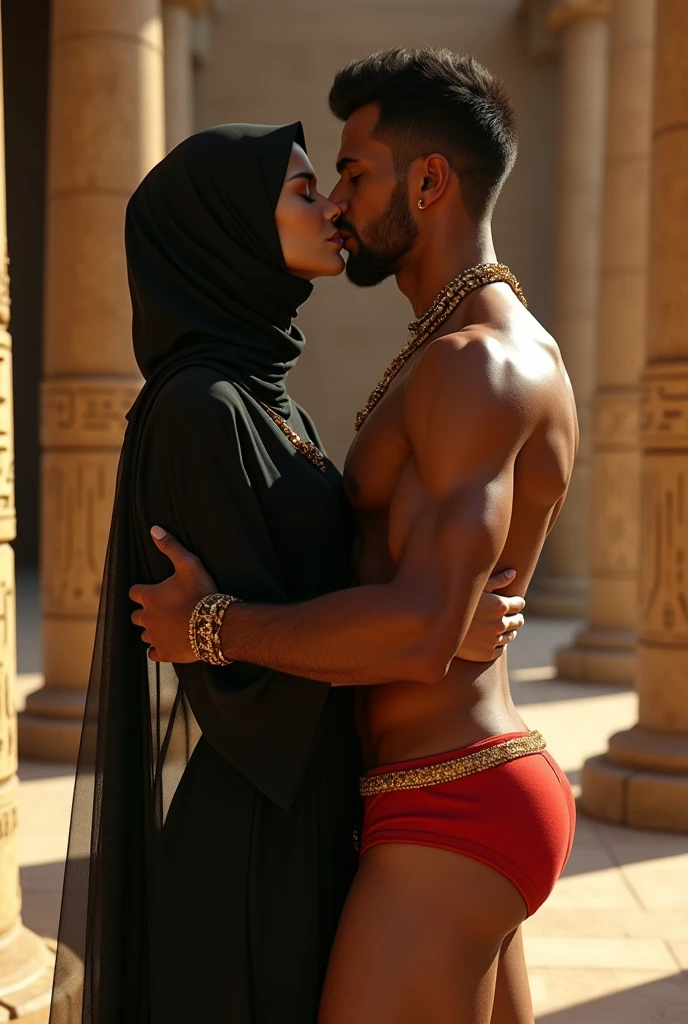 Sexy girl wearing hijab and abaya kissing a hot fully naked man wearing only hot red underwear in Egyptian style realistic