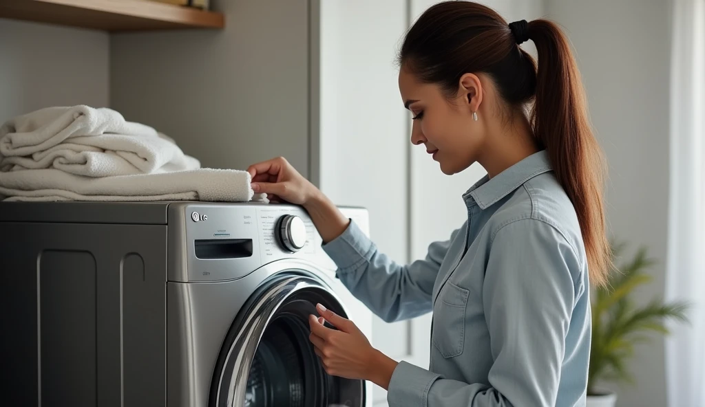 a woman used the LG 12kg Smart VC4 CV5012WC4 washer and dryer with.