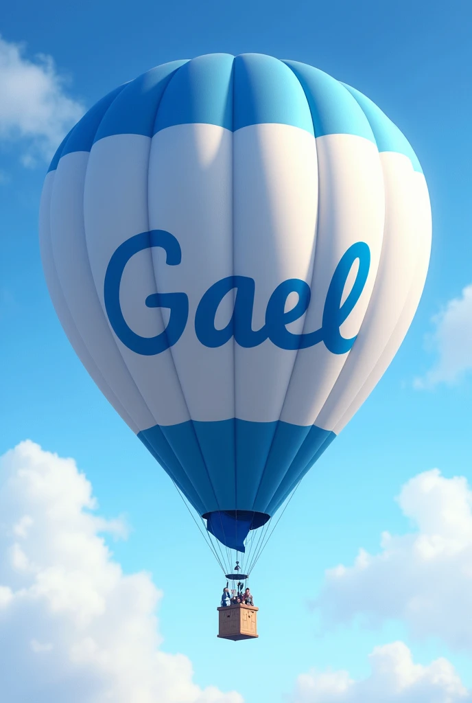 blue and white hot air balloon that says "Gael"