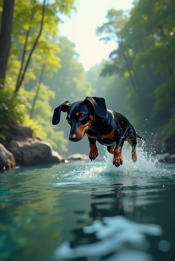 Black Dachshund Diving Into a River