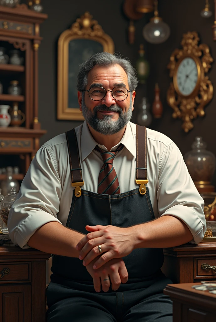 (photorealism:1.2), 40 years old man, with round glasses, and a black and grey beard, with suspenders. He's strong and has large should. He has a gentle smile and is the owner of an antiquarium