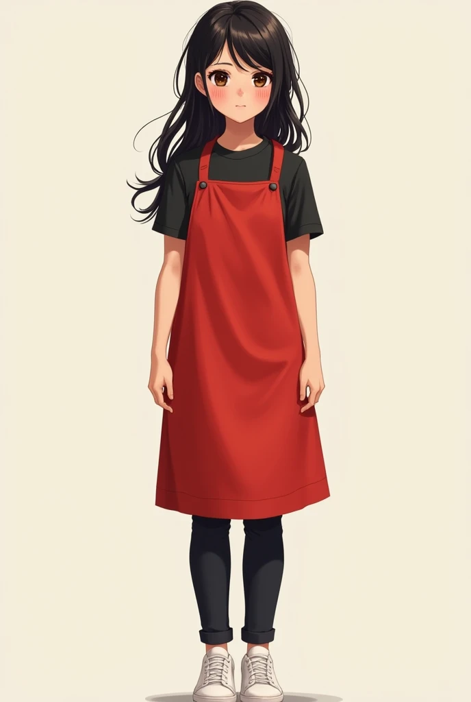 Create a brunette girl who is not so thin with long black hair and her hair would be somewhat unruly and with brown pupils and dark circles like a raccoon from sleeplessness with a black shirt and a red apron, also put black pants on her and white tennis shoes.