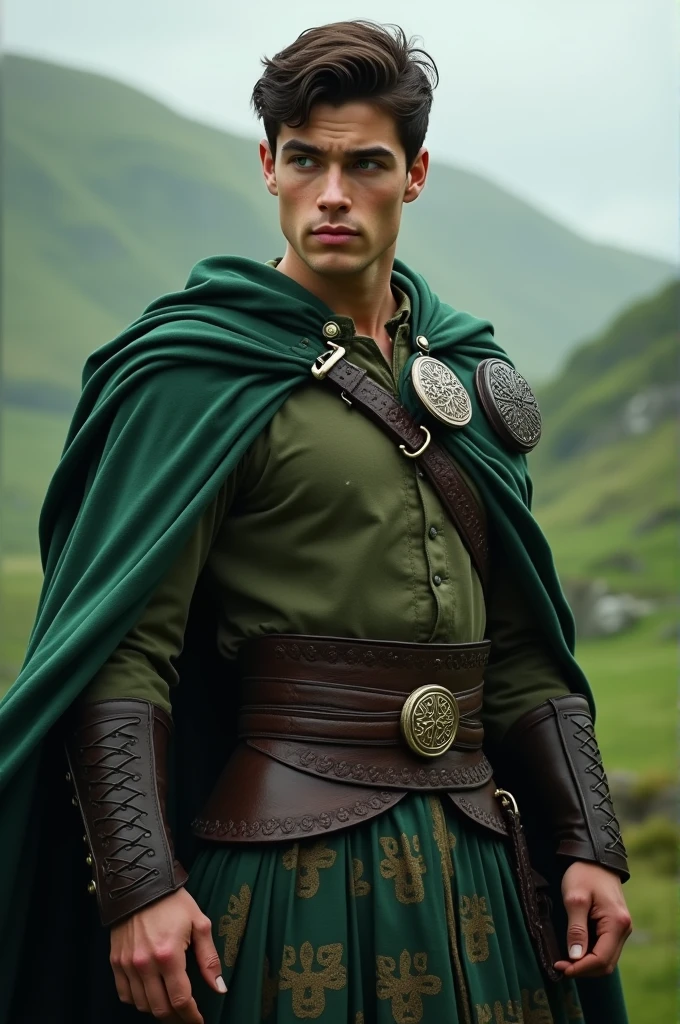 Short hair handsome teen Irish man. Hero outfit color Olive. He wears an Irish traditional kilt outfit. 