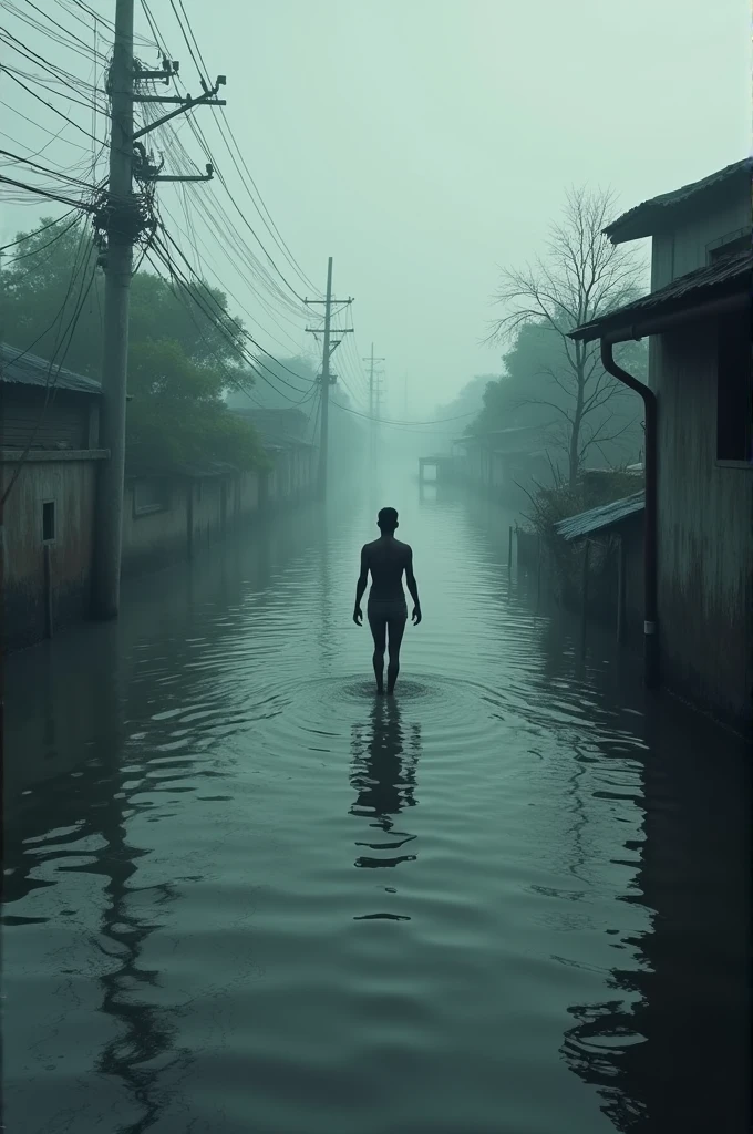 "Illustrate the aftermath of severe flooding in southern Bangladesh, caused by water from India. Show a flooded landscape where the land is completely submerged, leaving no dry ground. Highlight the despair of the people, as even in death, they cannot be buried in the earth due to the endless waters. Depict the overwhelming floodwaters with few visible structures, possibly trees or rooftops peeking above the water. The overall tone should convey a sense of loss and desperation, reflecting the harsh reality of those affected by the flood. Capture the somber atmosphere, with grey skies and dark, murky water, symbolizing the struggle of the Bangladeshi people post-independence, as they grapple with the challenges brought on by the flood."