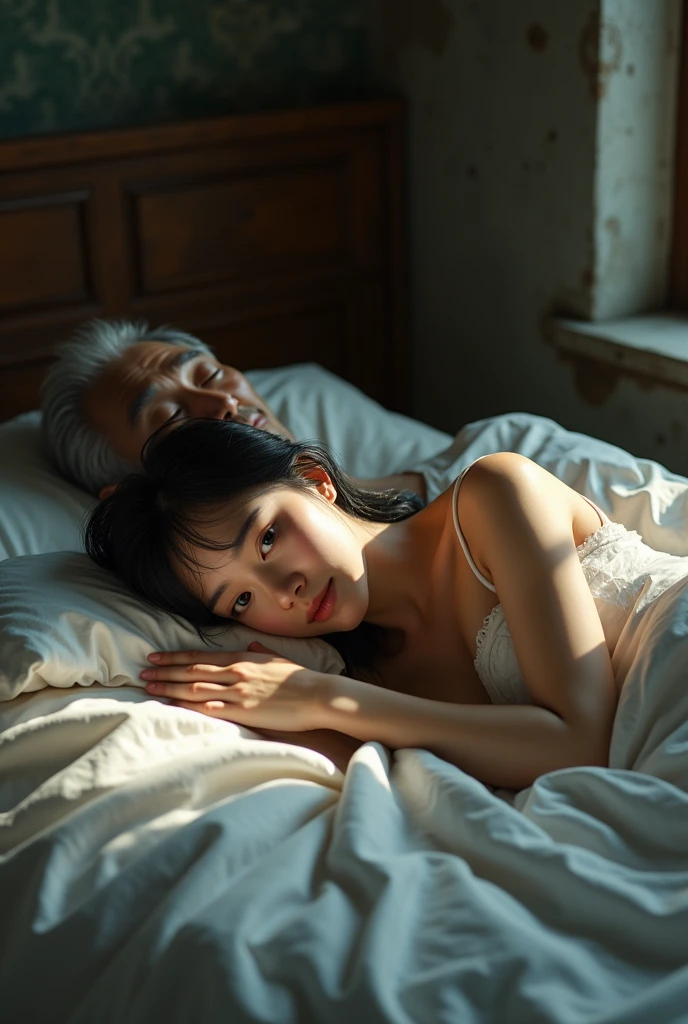 ( Photographic realism1.2) Realistic photo of a super beautiful young Chinese woman，1，black hair long，Lying Kale on the double bed after taking a shower，no-makeup，no-makeup，She was just covered with a duvet, revealing part of her full breasts.，darkness room，Dappled Light，Old Room，There seems to be an elderly man, Kale, darkskin, white haired asian man hugging woman next to bed..
