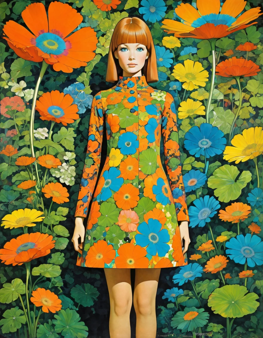 jugendstil 1960's mod psychedelic epic full body mini-skirt portrait by John Pitre and Marimekko botanical
