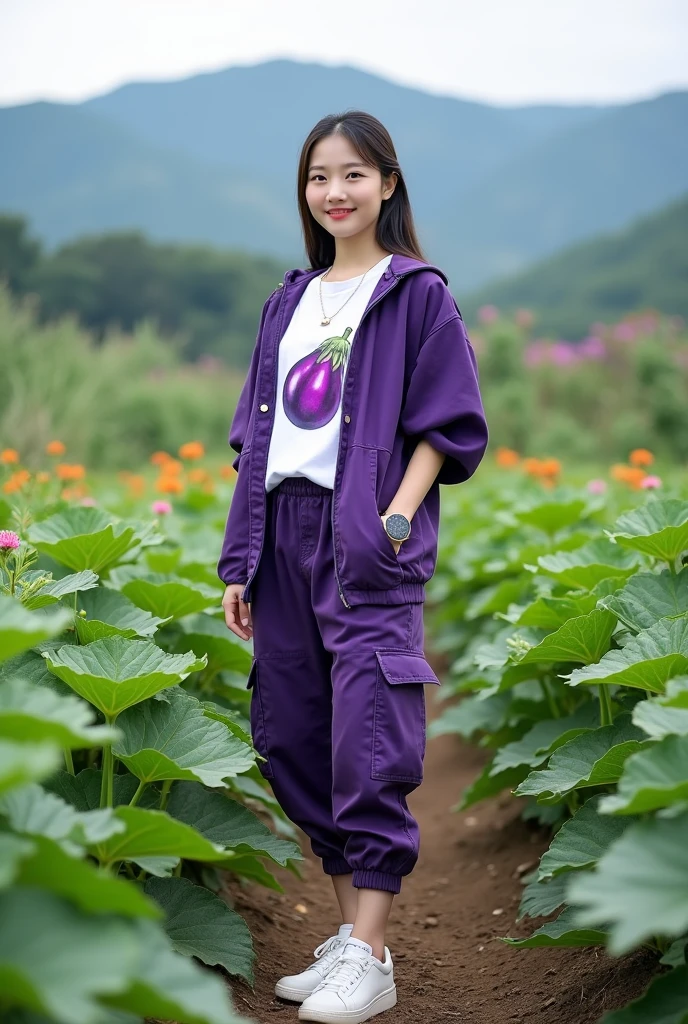Beautiful Korean girl, smooth white skin, well-groomed face, tied black hair, posing in a very fertile and beautiful eggplant field, purple jacket, white t-shirt with purple eggplant pattern, cool watch, knee-length cargo pants, white shoes, mountain background and beautiful flowers, real photos, realistic
