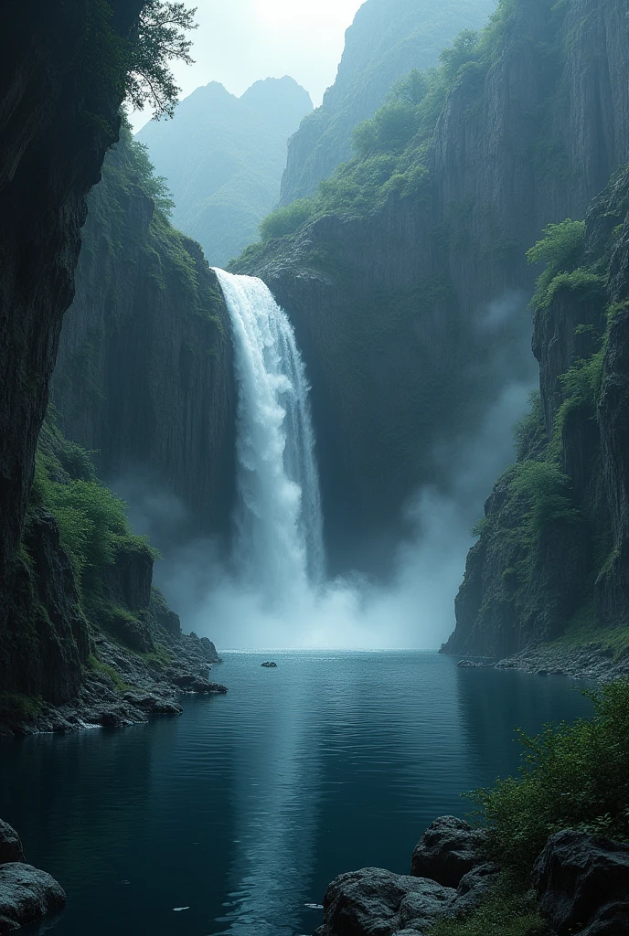 Dark lake with waterfall