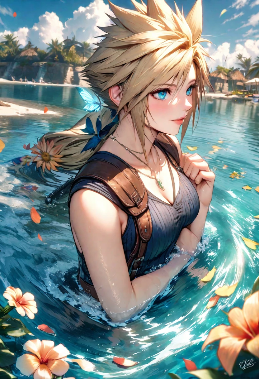 ultra detaild, high resolution, absurderes, HDR, cloud strife, blue colored eyes, hair blonde, 1 homem afeathers, Final Fantasy VII Remake, bonitas, water, flowers and petals, feathers, summer, butterflys,