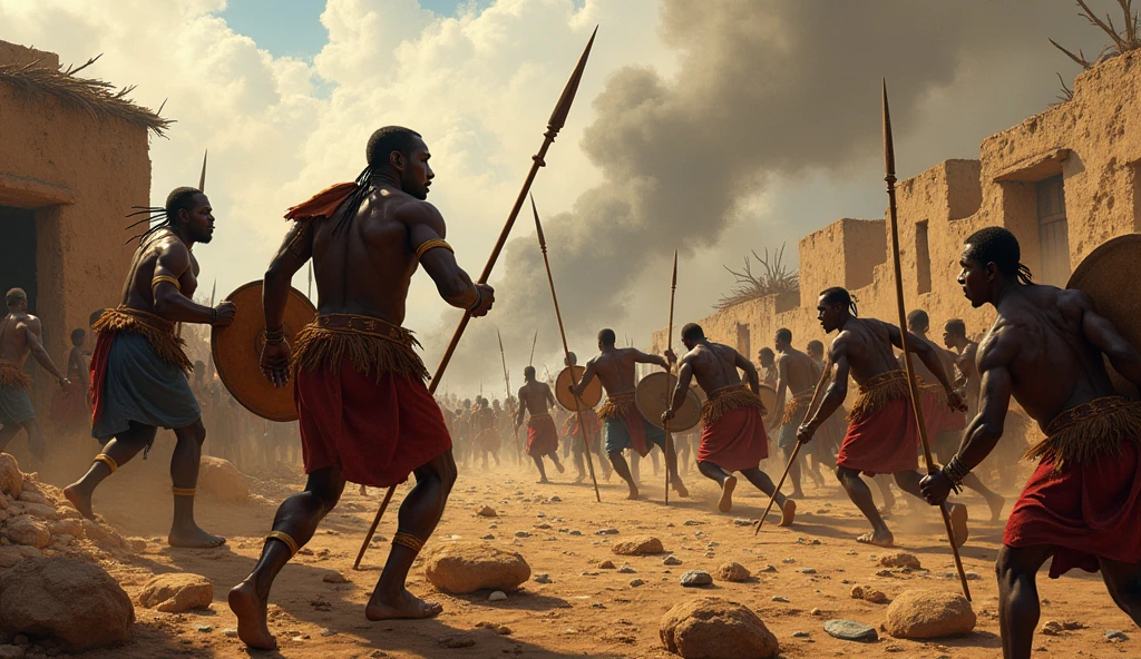 1400 a.c; (masterpiece, best quality) destroyed african village (Mozambique); Zulu warriors fighting great battle;