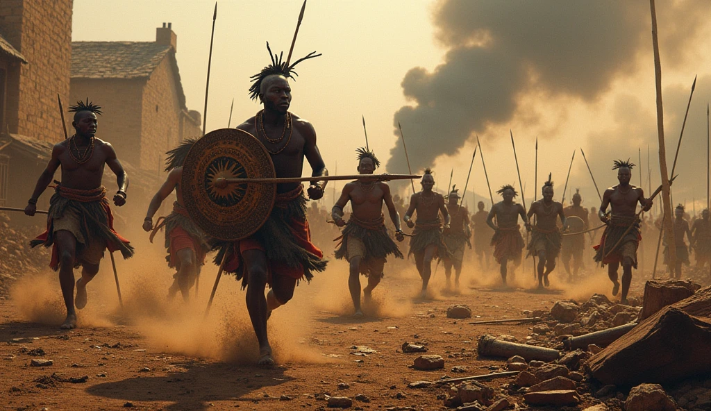 1400 a.c; (masterpiece, best quality) destroyed african village (Mozambique); Zulu warriors fighting great battle;