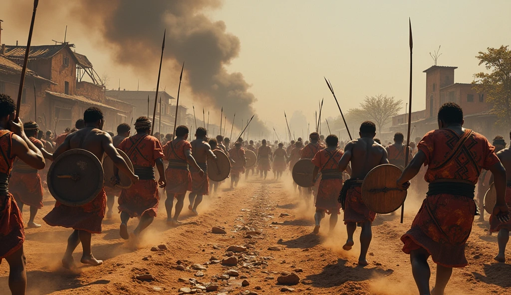 1400 a.c; (masterpiece, best quality) destroyed african village (Mozambique); Zulu warriors fighting great battle;