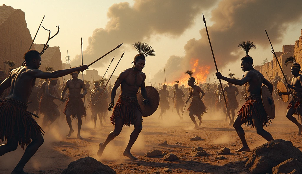1400 a.c; (masterpiece, best quality) destroyed african village (Mozambique); Zulu warriors fighting great battle;
