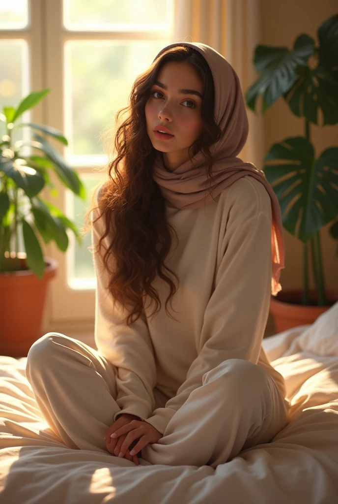 (photorealism:1.2), beautiful woman, sitting on bed, wearing hijab, pajama pants, long curly hair, indoors, soft lighting, plants in background, window with sunlight, cozy room, relaxed pose, realistic, intricate details, warm colors, by Greg Rutkowski, by Alphonse Mucha