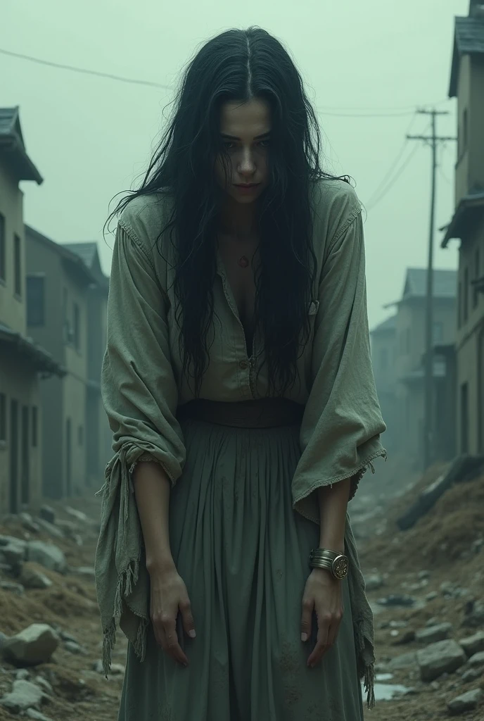 The man a ghostly figure—a in tattered clothing, her eyes filled with deep sorrow. She moves slowly, her eyes brimming with tears as she mourns her lost home and people.