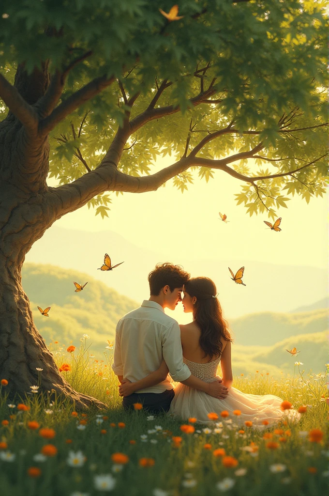 A romantic couple seeting under a tree with butterfly and birds are flying 
