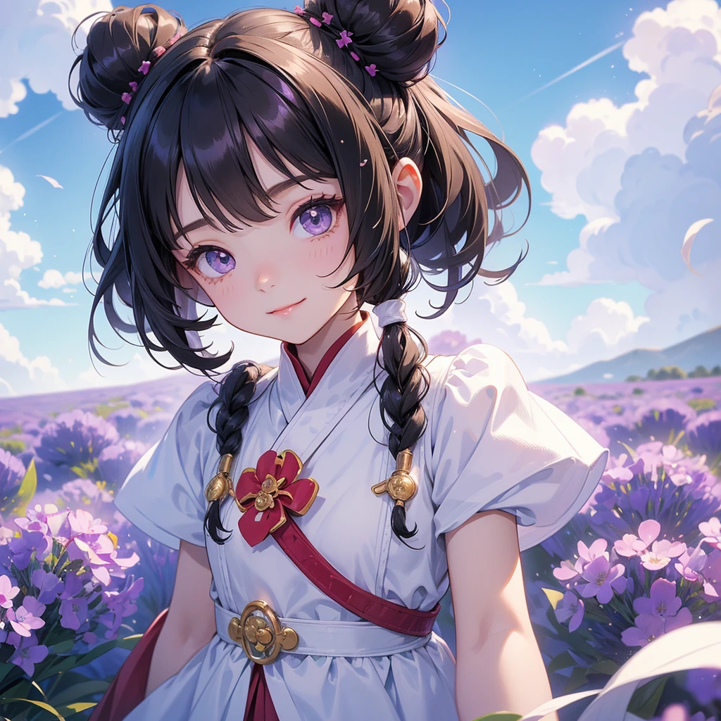 A chibi child girl had a small face and Wearing white little Taoist priest's outfit. A pair of big round eyes shone with curiosity about him. This child was so cute! ,her hair is black with two buns on her hair.small chibi, chibi baby, smiling,The little chibi baby looked up with his chest raised, and his face was old and proud.

Stroll among the purple lavender fields , There are some floating clouds.



