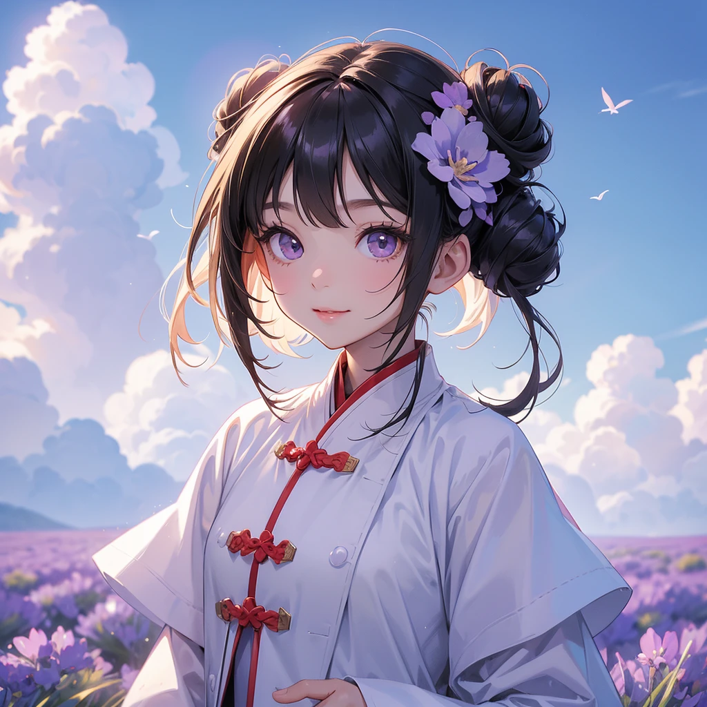 A chibi child girl had a small face and Wearing white little Taoist priest's outfit. A pair of big round eyes shone with curiosity about him. This child was so cute! ,her hair is black with two buns on her hair.small chibi, chibi baby, smiling,The little chibi baby looked up with his chest raised, and his face was old and proud.

Stroll among the purple lavender fields , There are some floating clouds.


