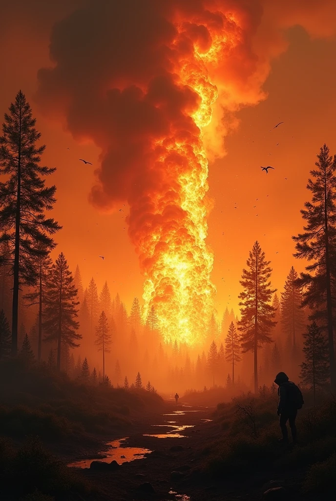 a landscape where vegetation is on fire. A forest fire