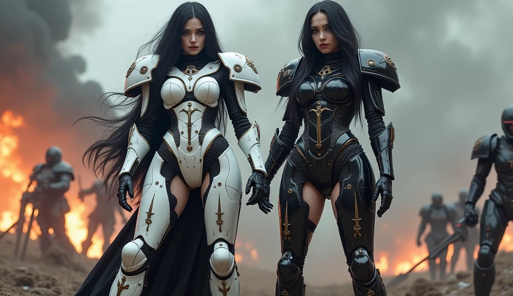 Full body pose sexy sisters of battle from the warhammer 40k, white armor with intricate details, black armor with intricate details, religous symbols on the armor, sisters of battle, warhammer 40k, Massive silicone breast, pale skin, seductive, temptation, eat your soul, clevage, long flowing black hair with purple highlights, heavy gothic makeup, at night, neon, beautiful detailed eyes, beautiful detailed lips, extremely detailed eyes and face, long eyelashes, highly detailed armor, intricate futuristic weaponry, dramatic lighting, cinematic composition, muted color palette, gritty and realistic, mecha, science fiction, hyper-detailed, photorealistic, award winning digital art, 8k, HDR, masters work, in the middle of a battle field, full body combat action pose, explosions and fire around, full war, stunning, Stilleto heels, high heels, full body pose, cinematic, movie trailer, final stand!, nemesis, ready to strike, dust and debree, combat screams, attacking. shooting at the enemy, running forward, last line of defense, charging, fanatic, religious, templar knights, sisters of battle, warhammer 40k
