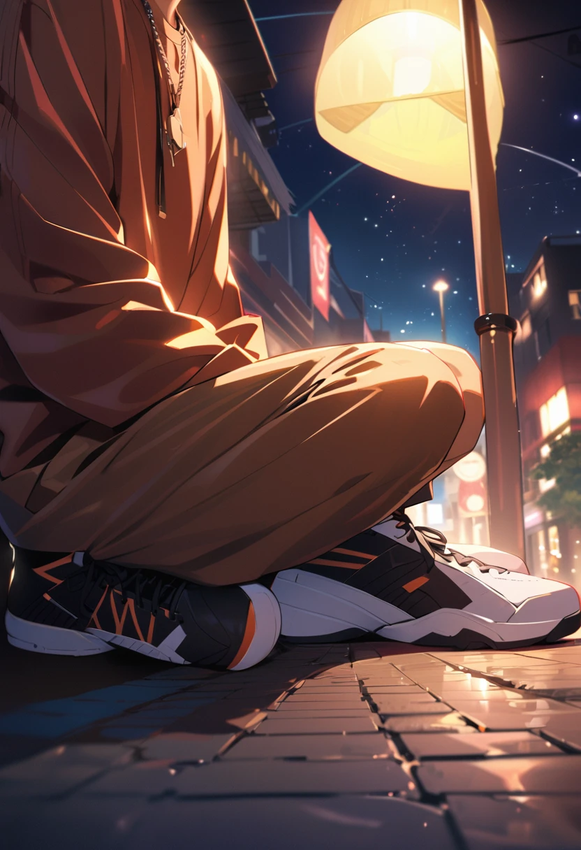 2, a man,dressed in casual clothes,wear sneakers,with necklace,sit under a street lamp,night,Look up and count the stars in the sky,people々close-up of,ultra high resolution